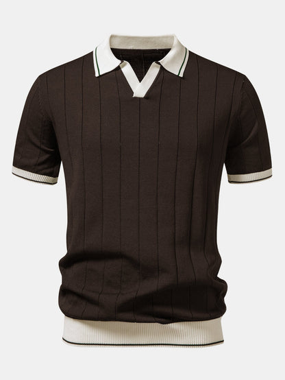 Ribbed Johnny Collar Knit Polo with Contrast Trim & Slim Fit Tapered Trousers