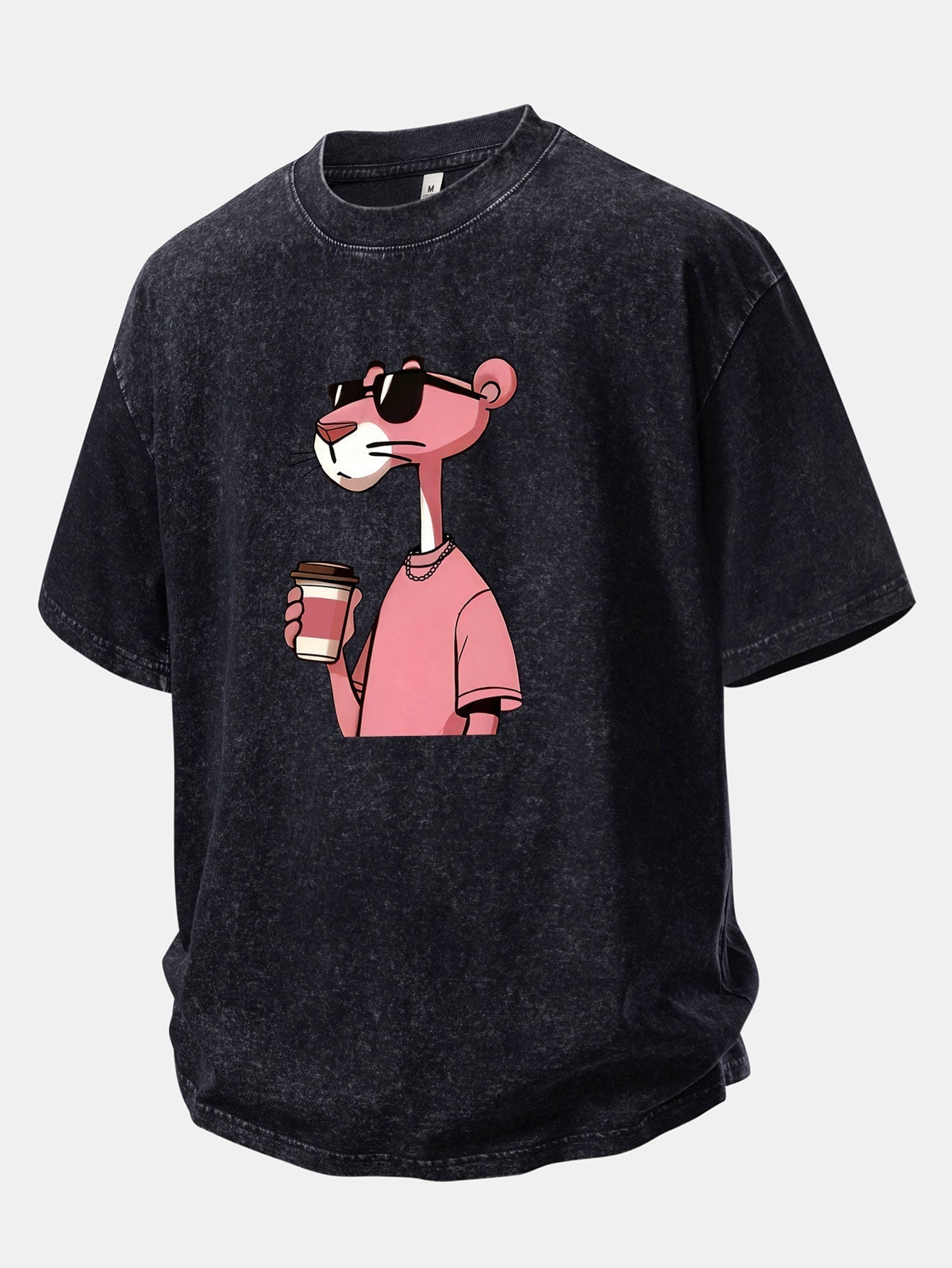 Distressed Drop Shoulder T-Shirt Featuring Pink Panther Coffee Print