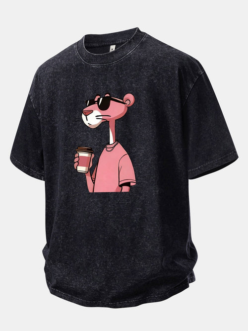 Distressed Drop Shoulder T-Shirt Featuring Pink Panther Coffee Print