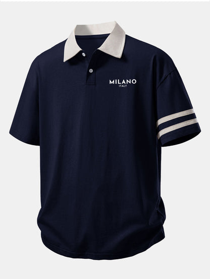 Relaxed Fit Milano Print Polo Shirt with Contrast Collar