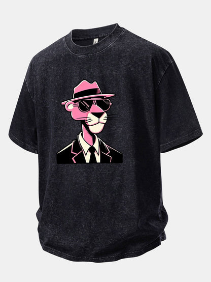 Distressed Pink Panther Print Drop Shoulder T-Shirt for Gentlemen
