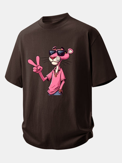 Relaxed Fit Cotton T-Shirt Featuring Pink Panther and V Sign Print