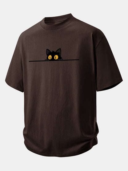 Comfortable Black Cat Print Cotton Tee