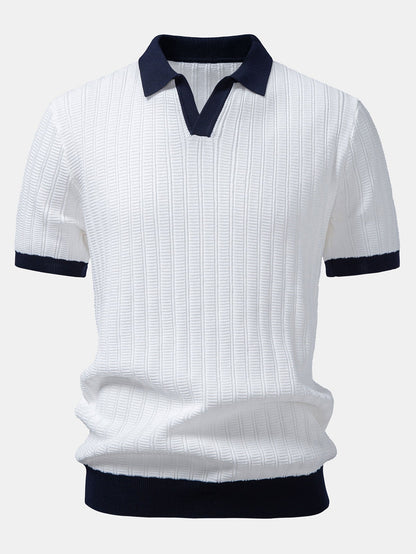 Textured Contrast Johnny Collar Knit Polo with Drawstring Waffle Knit Pants