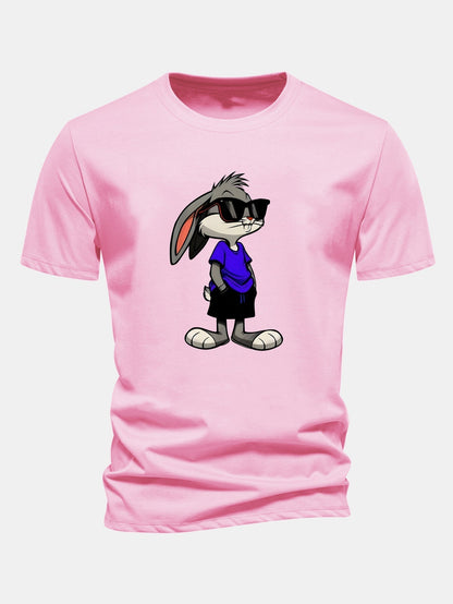 Rabbit Print Cotton T-Shirt in Regular Fit with Sunglasses Design