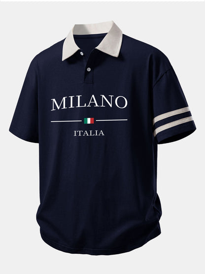 Relaxed Fit Milano Print Polo Shirt with Contrast Collar