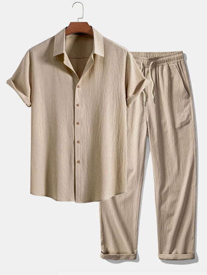 Textured Crinkle Button-Up Shirt with Straight-Leg Trousers