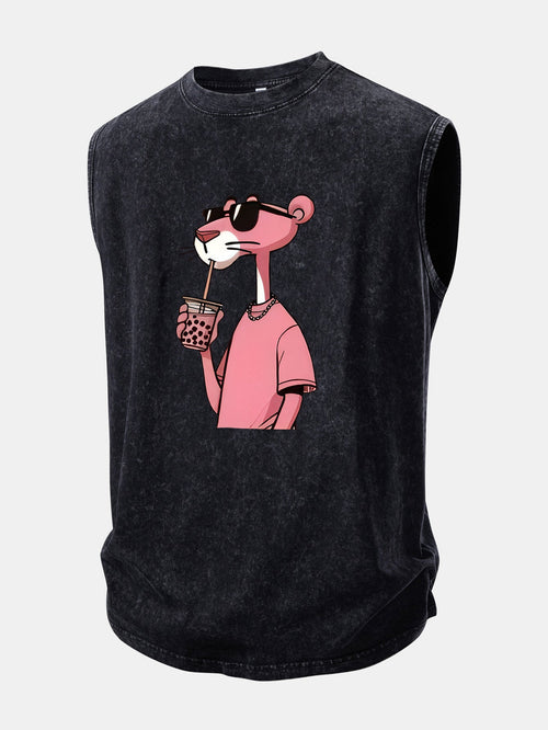 Distressed Washed Tank Top with Pink Panther Print