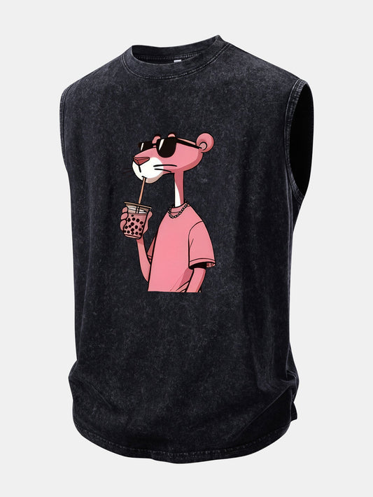 Distressed Washed Tank Top with Pink Panther Print