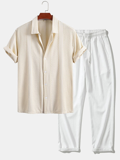 Geometric Jacquard Button-Up Shirt with Crinkle Textured Straight-Leg Pants