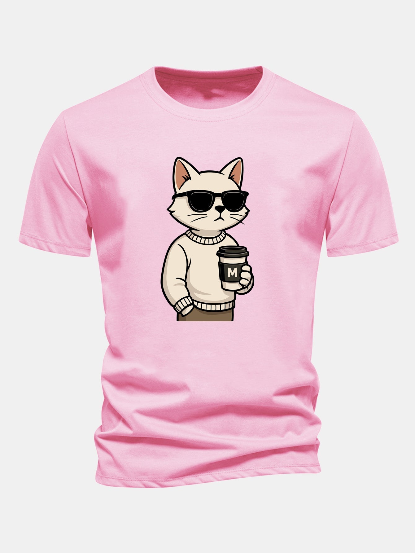 Classic Fit Cotton T-Shirt with Cat Coffee Print