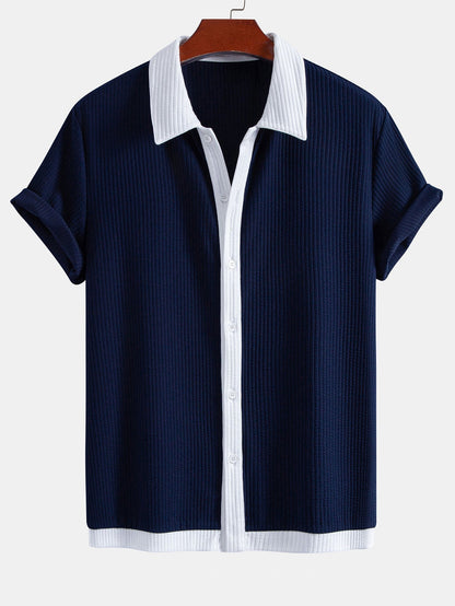 Two-Tone Ribbed Button-Up Shirt