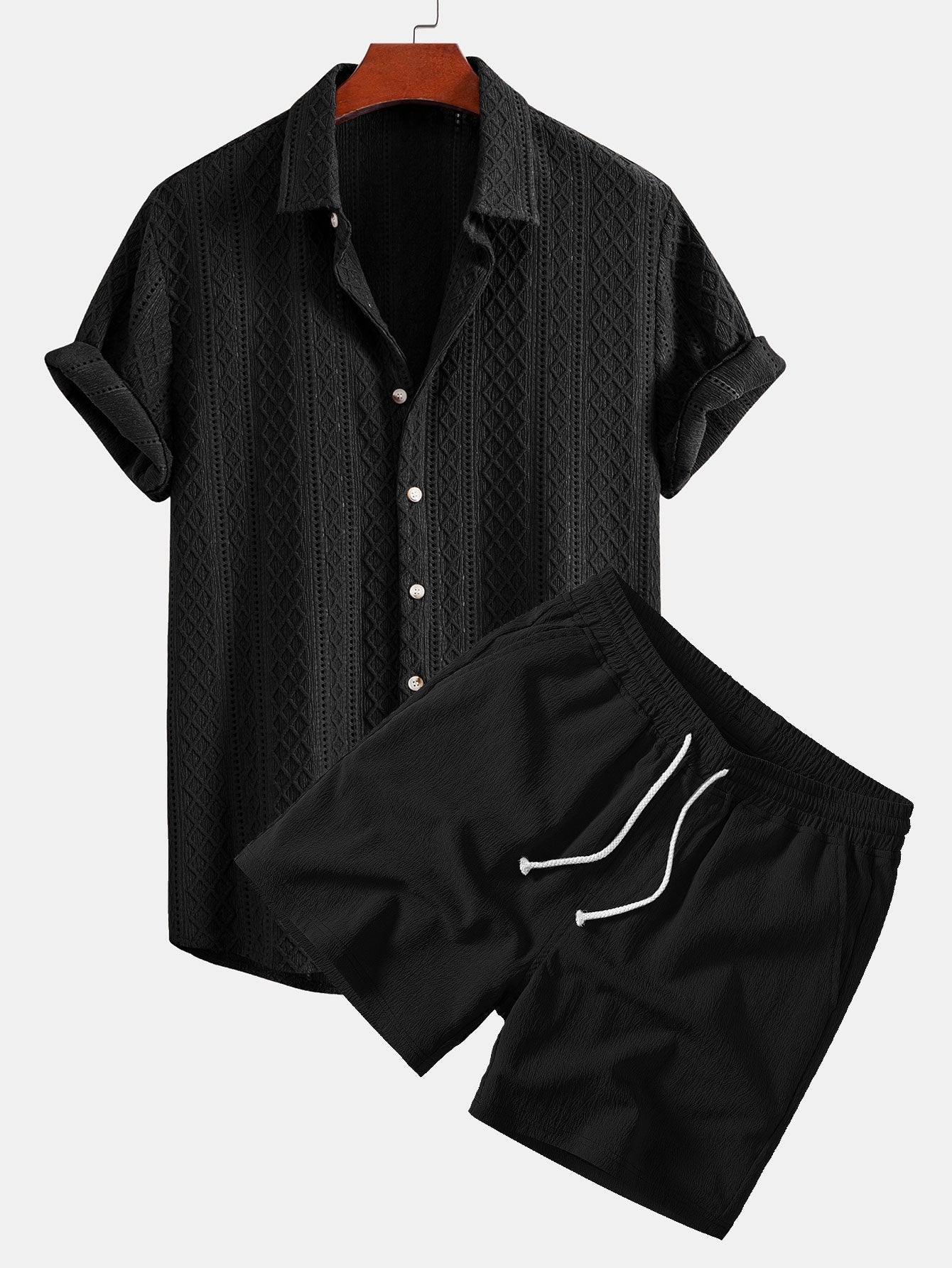 Jacquard Rhombus Button-Up Shirt & Crinkle Textured 5" Drawstring Shorts