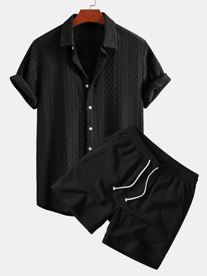 Jacquard Rhombus Button-Up Shirt & Crinkle Textured 5" Drawstring Shorts
