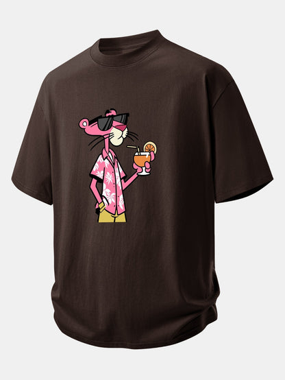 Relaxed Fit Pink Panther Print Cotton Tee for Vacation