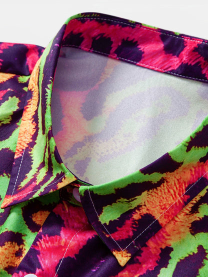 Vibrant Leopard Print Button-Up Shirt and Swim Shorts Set