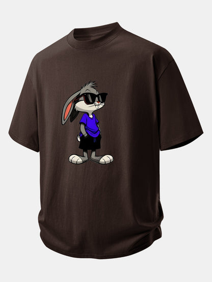 Relaxed Fit Cotton T-Shirt with Rabbit Print Sunglasses Design