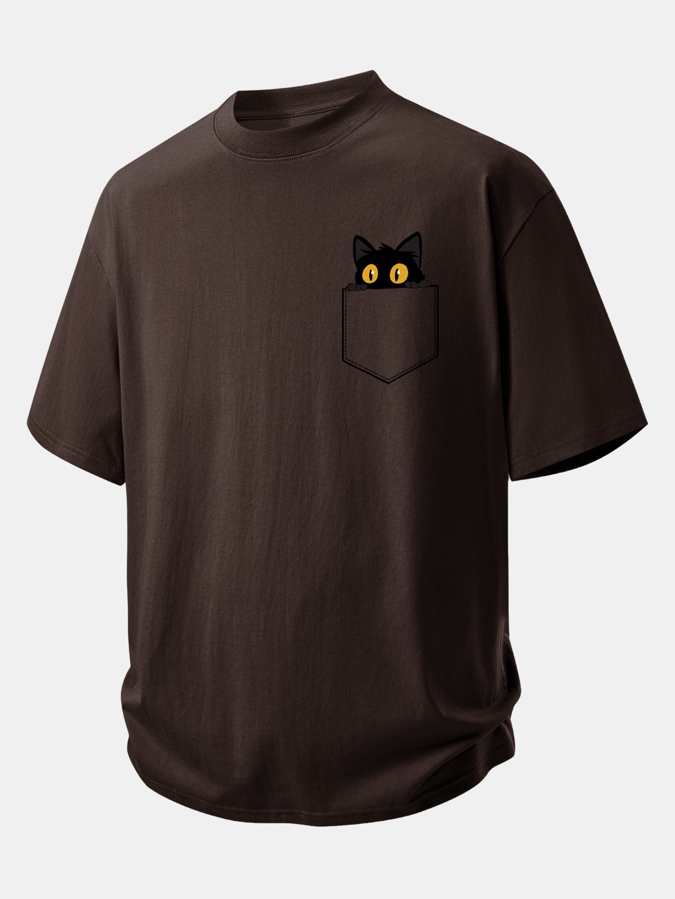 Relaxed Fit Cotton T-Shirt with Black Cat Print and Pockets