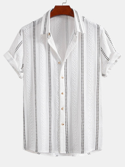 Geometric Striped Jacquard Button-Up Shirt with Crinkle Textured 5" Drawstring Shorts