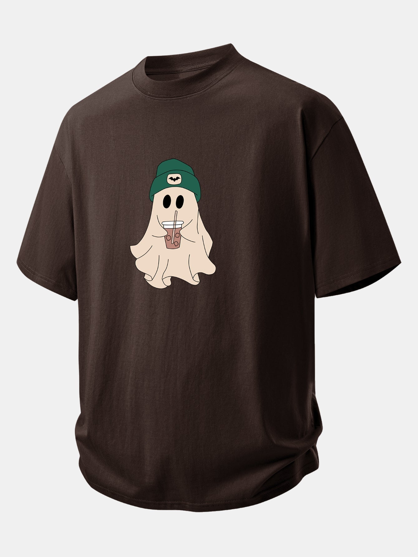 Relaxed Fit Dark Green Ghost Print Cotton T-Shirt