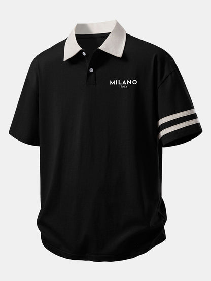 Relaxed Fit Milano Print Polo Shirt with Contrast Collar