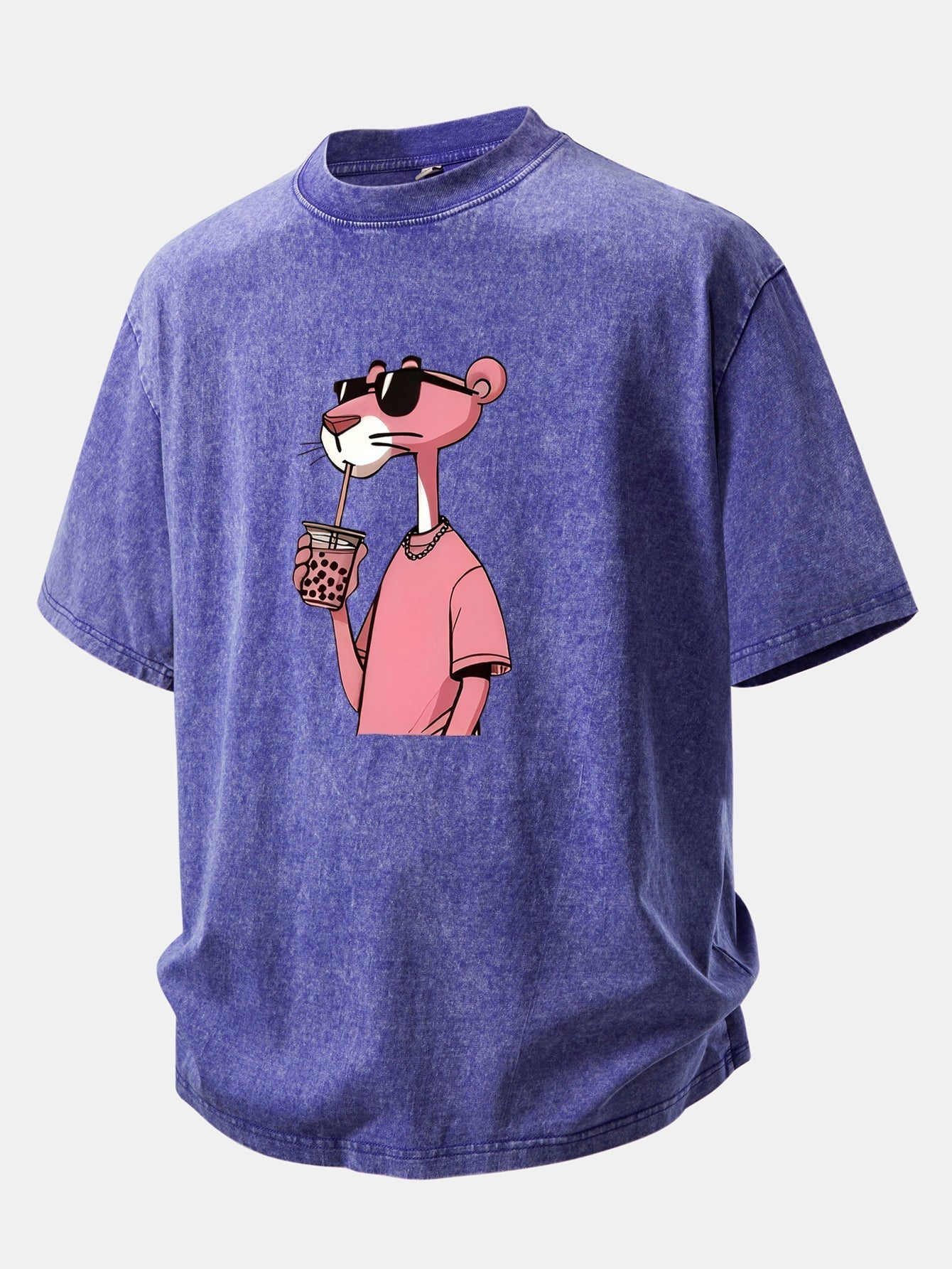 Distressed Drop Shoulder T-Shirt with Pink Panther Print