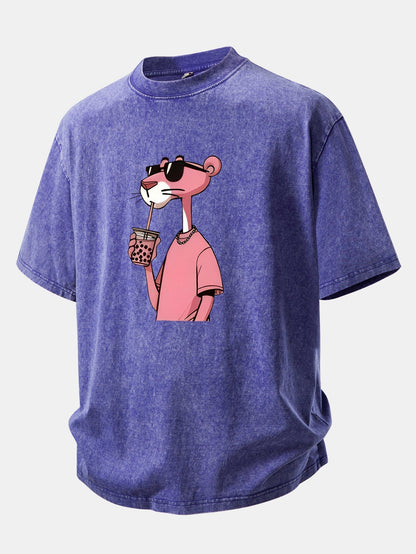 Distressed Drop Shoulder T-Shirt with Pink Panther Print