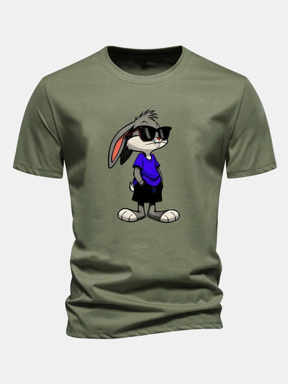 Rabbit Print Cotton T-Shirt in Regular Fit with Sunglasses Design