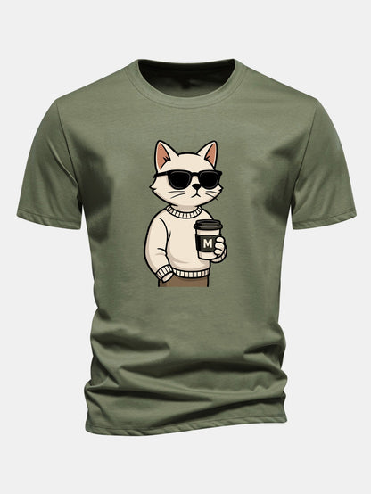 Classic Fit Cotton T-Shirt with Cat Coffee Print