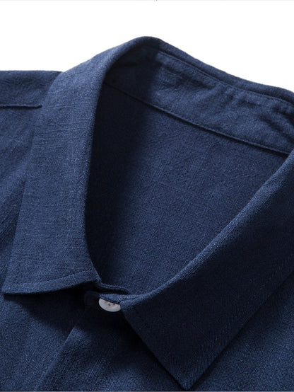 Linen-Rayon Blend Button-Up Shirt with Crinkle Textured 5" Drawstring Shorts