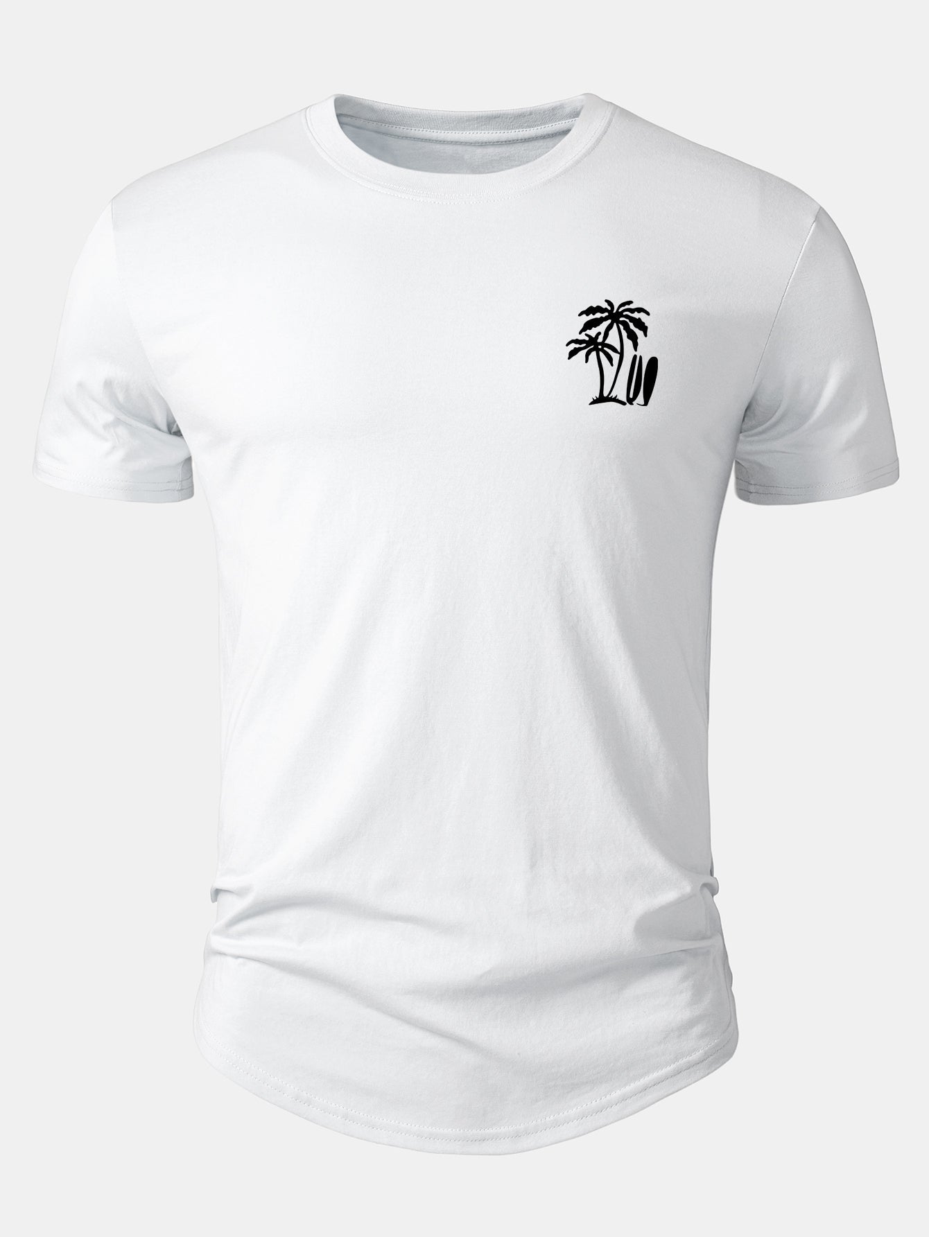 Arc Hem T-Shirt with Palm Tree Print in Cotton