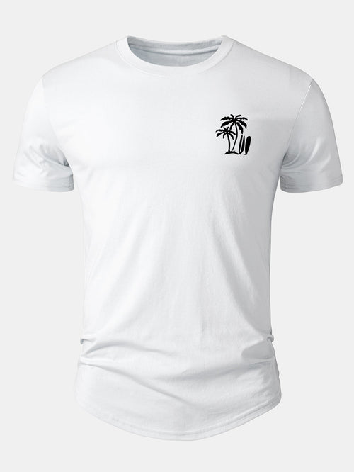 Arc Hem T-Shirt with Palm Tree Print in Cotton