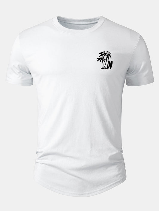 Arc Hem T-Shirt with Palm Tree Print in Cotton