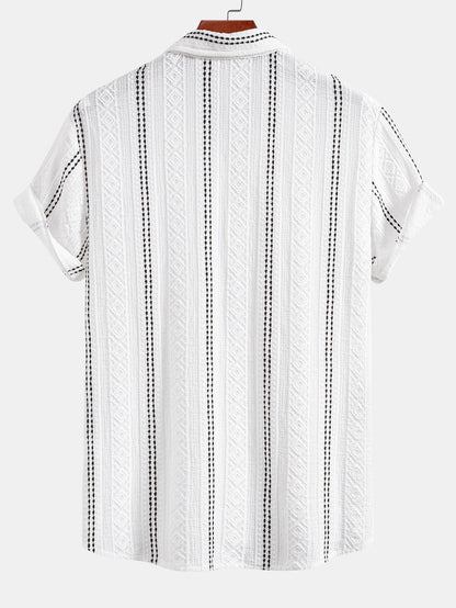 Geometric Striped Jacquard Button-Up Shirt with Crinkle Textured 5" Drawstring Shorts