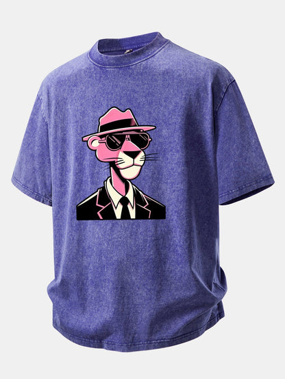 Distressed Pink Panther Print Drop Shoulder T-Shirt for Gentlemen