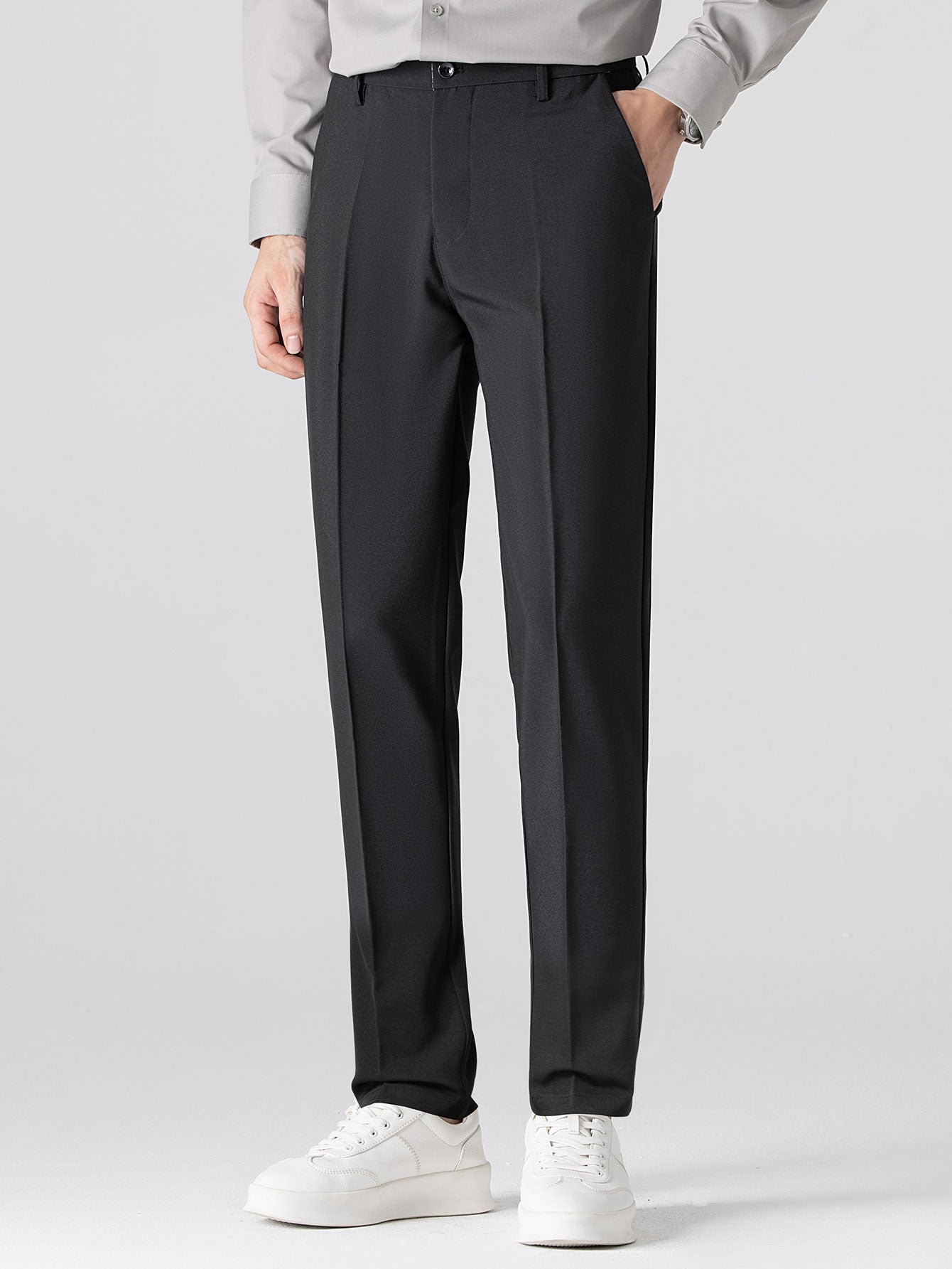Ribbed Johnny Collar Knit Polo with Contrast Trim & Slim Fit Tapered Trousers