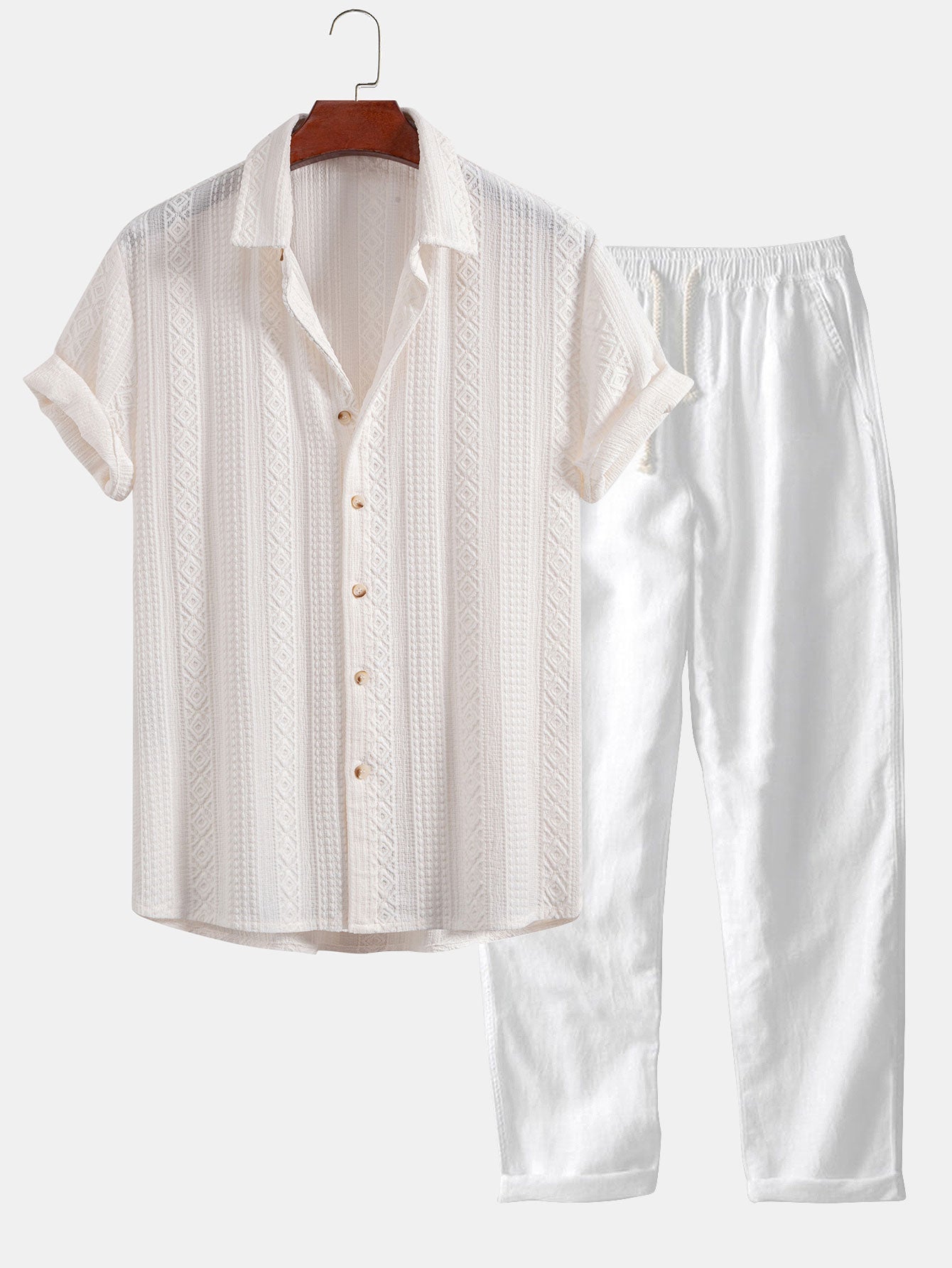 Geometric Jacquard Button-Up Shirt with Straight-Leg Linen Trousers