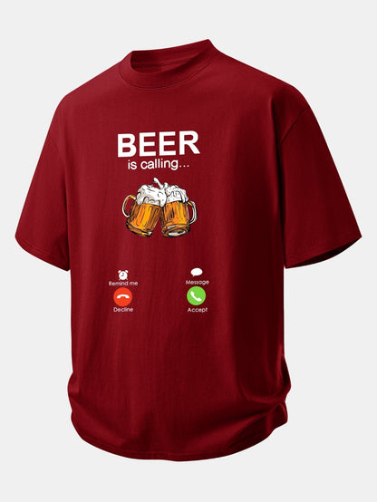 Comfortable Cotton T-Shirt with 'Beer Is Calling' Print