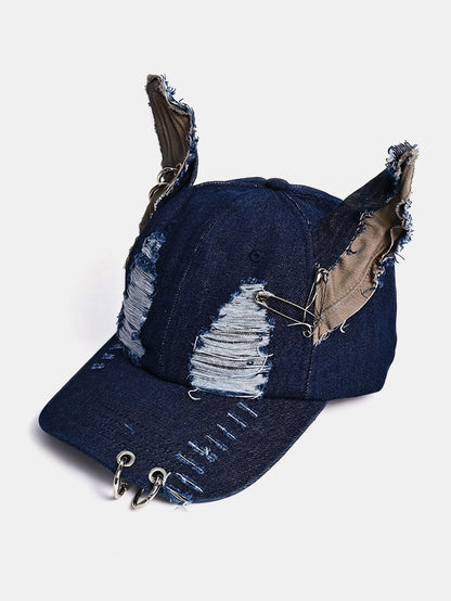 Gothic Western Distressed Denim Cap with Metal Accents