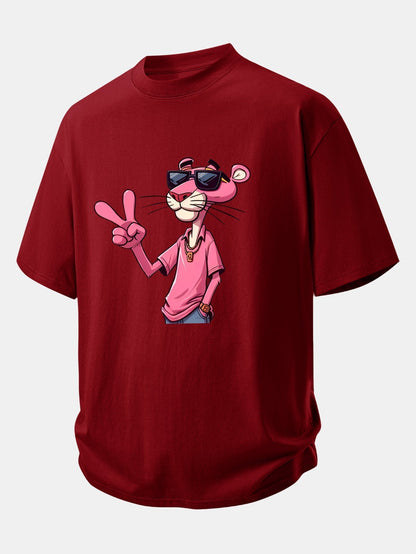 Relaxed Fit Cotton T-Shirt Featuring Pink Panther and V Sign Print