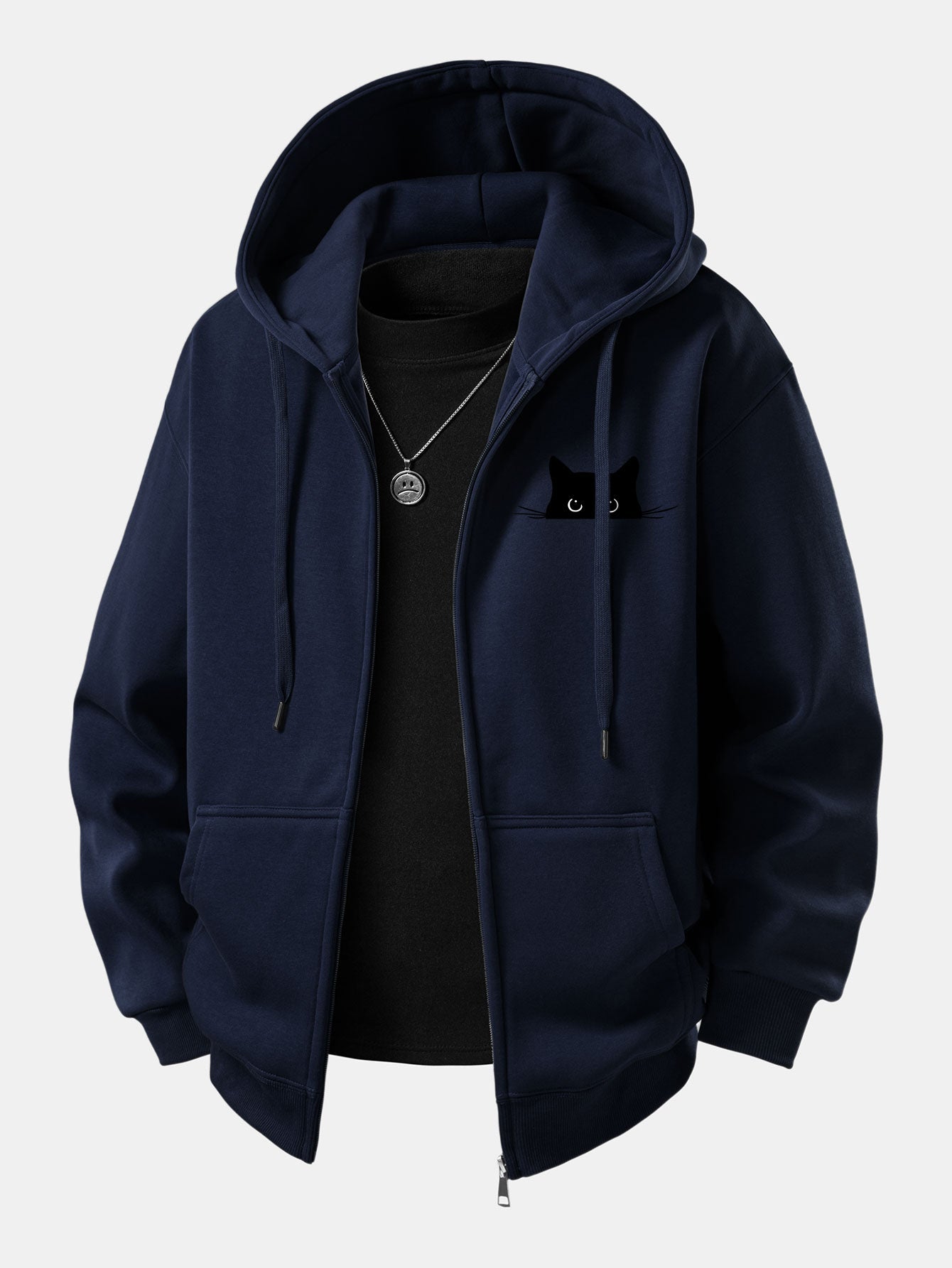 Zip-Up Hoodie with Black Cat Print
