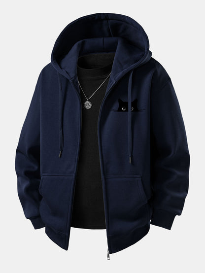 Zip-Up Hoodie with Black Cat Print