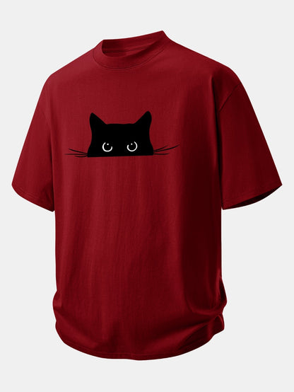 Comfortable Black Cat Print Cotton Tee