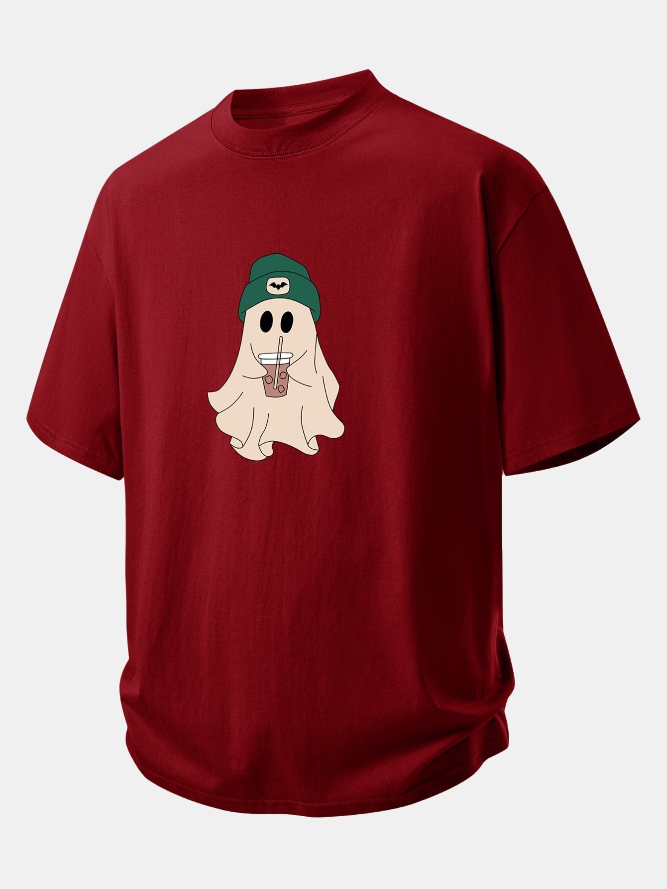 Relaxed Fit Dark Green Ghost Print Cotton T-Shirt