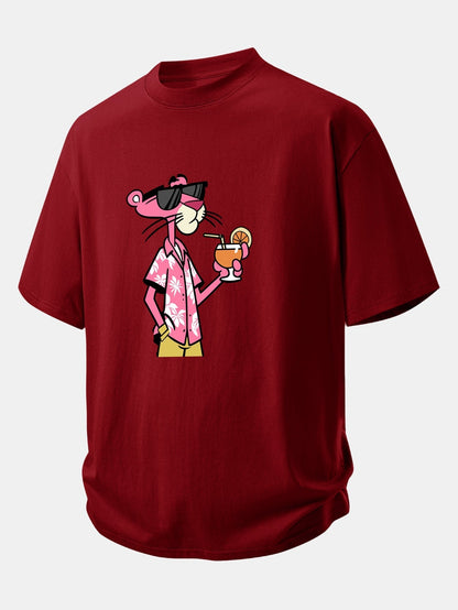 Relaxed Fit Pink Panther Print Cotton Tee for Vacation