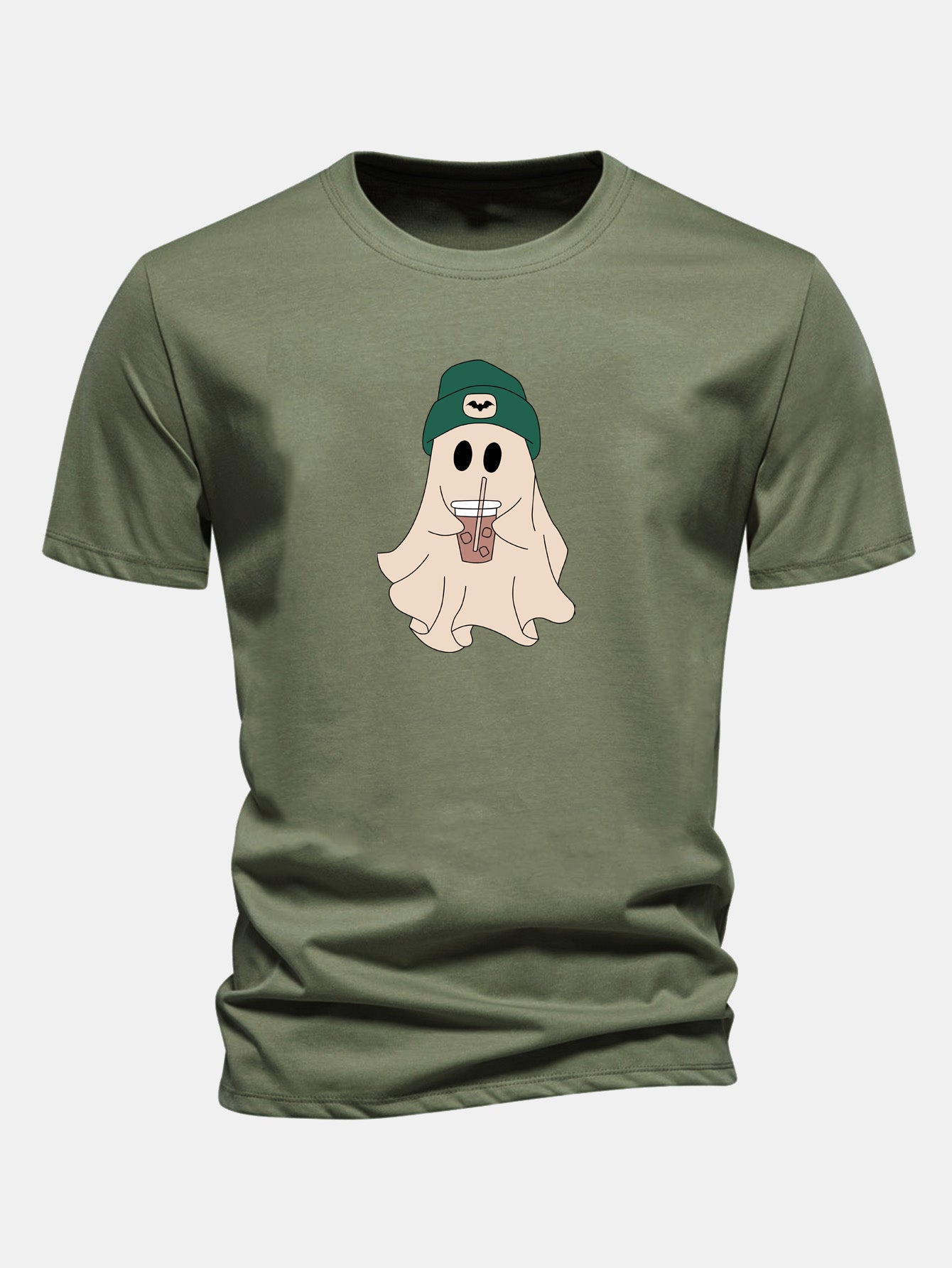Regular Fit Dark Green Cotton T-Shirt with Ghost Print