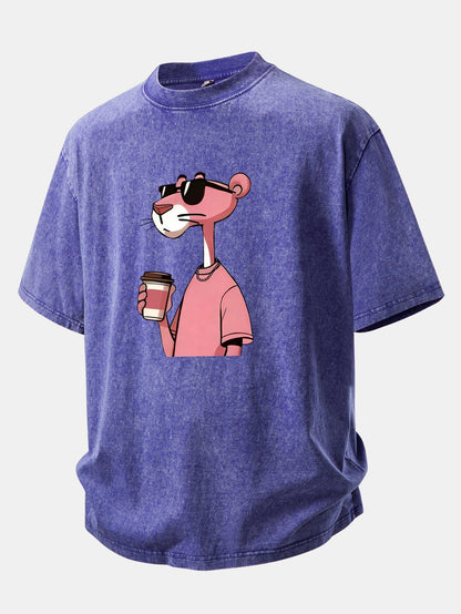 Distressed Drop Shoulder T-Shirt Featuring Pink Panther Coffee Print