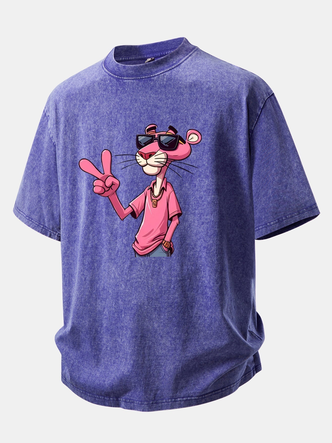 Distressed Drop Shoulder T-Shirt Featuring Pink Panther with V Sign Print