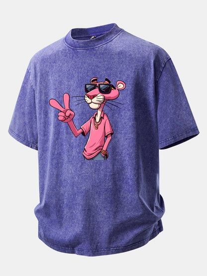 Distressed Drop Shoulder T-Shirt Featuring Pink Panther with V Sign Print