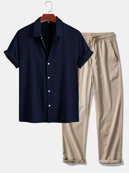 Geometric Jacquard Button-Up Shirt with Crinkle Textured Straight-Leg Pants
